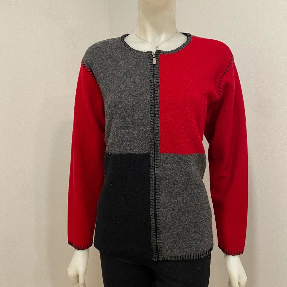 Talbots Red/Black/Gray 100% Wool Front Zip Sweater Small S
